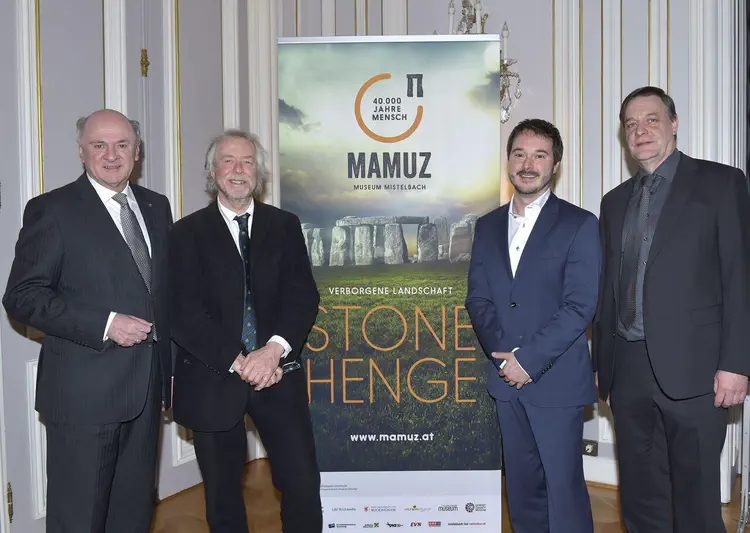 Wolfgang Neubauer at the press conference for the exhibition 'Stonehenge - A Hidden Landscape' at the MAMUZ Museum Mistelbach. As curator he proudly launched the exhibition together with Dr. Erwin Pröll (head of the Lower Austrian Governement), co-curator Dr. Julian Richards and director Mag. Matthias Pacher. In this fascinating exhibition the sensational results of the Stonehenge Hidden Landscape Project of the LBI Arch Pro were presented to the public for the first time. Credit: NLK/Johann Pfeiffer